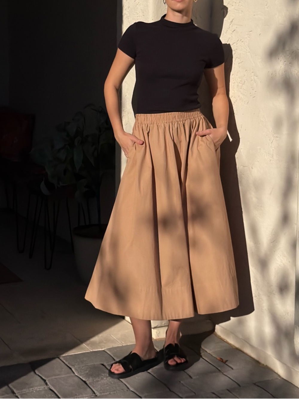 Classic Tan Midi Skirt with Elastic Waist